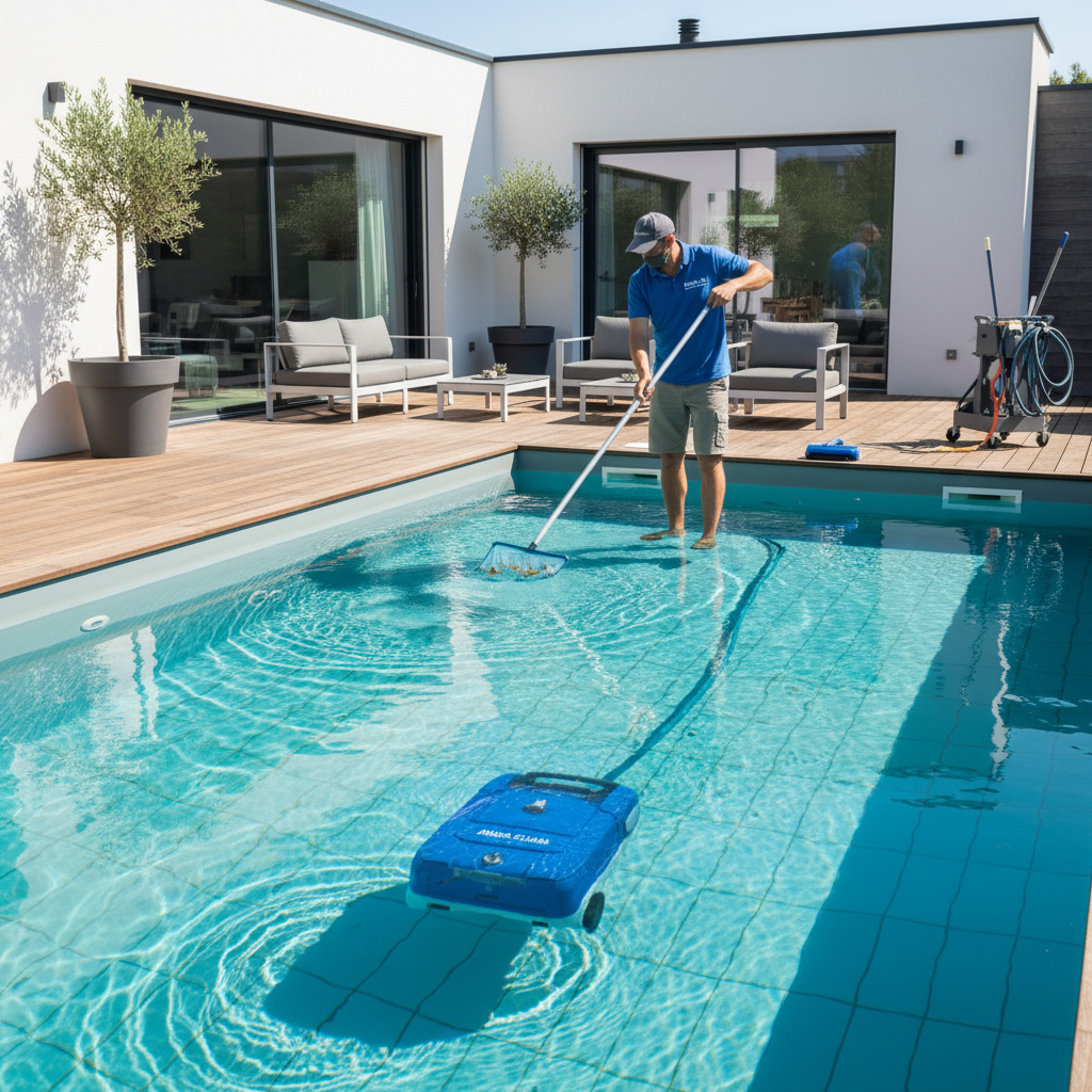 Techniker reinigt einen Pool mit Skimmer und Sauger